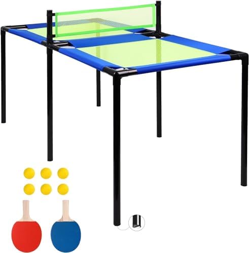 59.9 x 30 x 30.2 Inch Trampoline Ping Pong Table, Portable Ping Pong Table for Kids and Adults, Foldable Tennis Game Table for Indoor or Outdoor Use with 2 Paddles, 6 Balls, and Table, blue