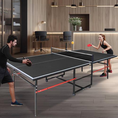 8×4FT Folding Rolling Table Tennis Table Indoor/Outdoor Table Tennis Table, 2 Rackets, 3 Balls, 1 Net and 4 Wheels Set Behind It for Easy Movement-Black