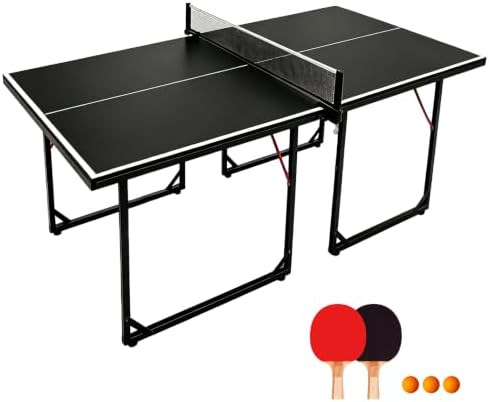 6x3 FT Table Tennis Table, No Assembly Required Portable Ping Pong Table Set with Net, 2 Table Tennis Paddles and 3 Balls, Space Saving Mid-Size Game Table for Home, Garage & Family F