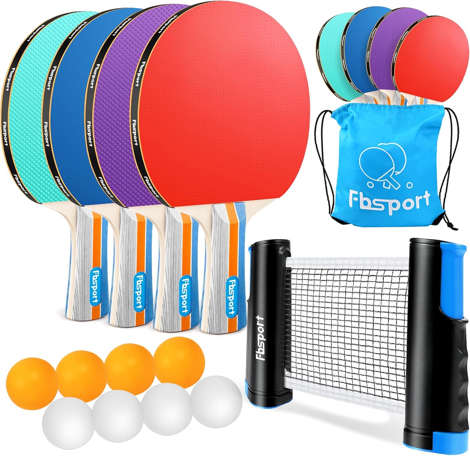 FBSPORT Ping Pong Paddle Set, Table Tennis Set with 4 Rackets and 8 Balls, Retractable Net with Storage Bag - Pingpong Paddle Accessories for Indoor/Outdoor Games